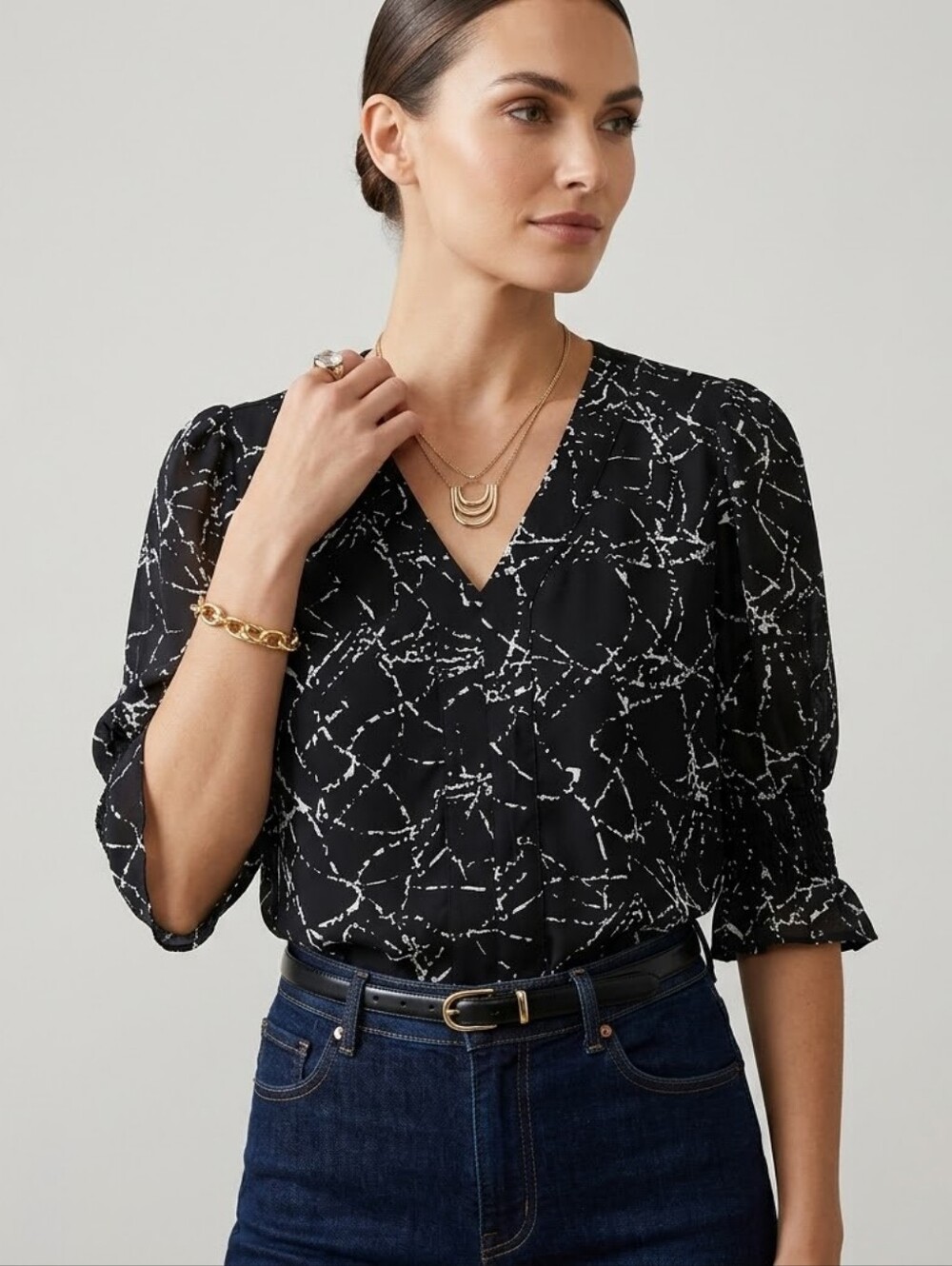 Alix & Lili Black White Splatter Constellation Puff Sleeve Top Office Small